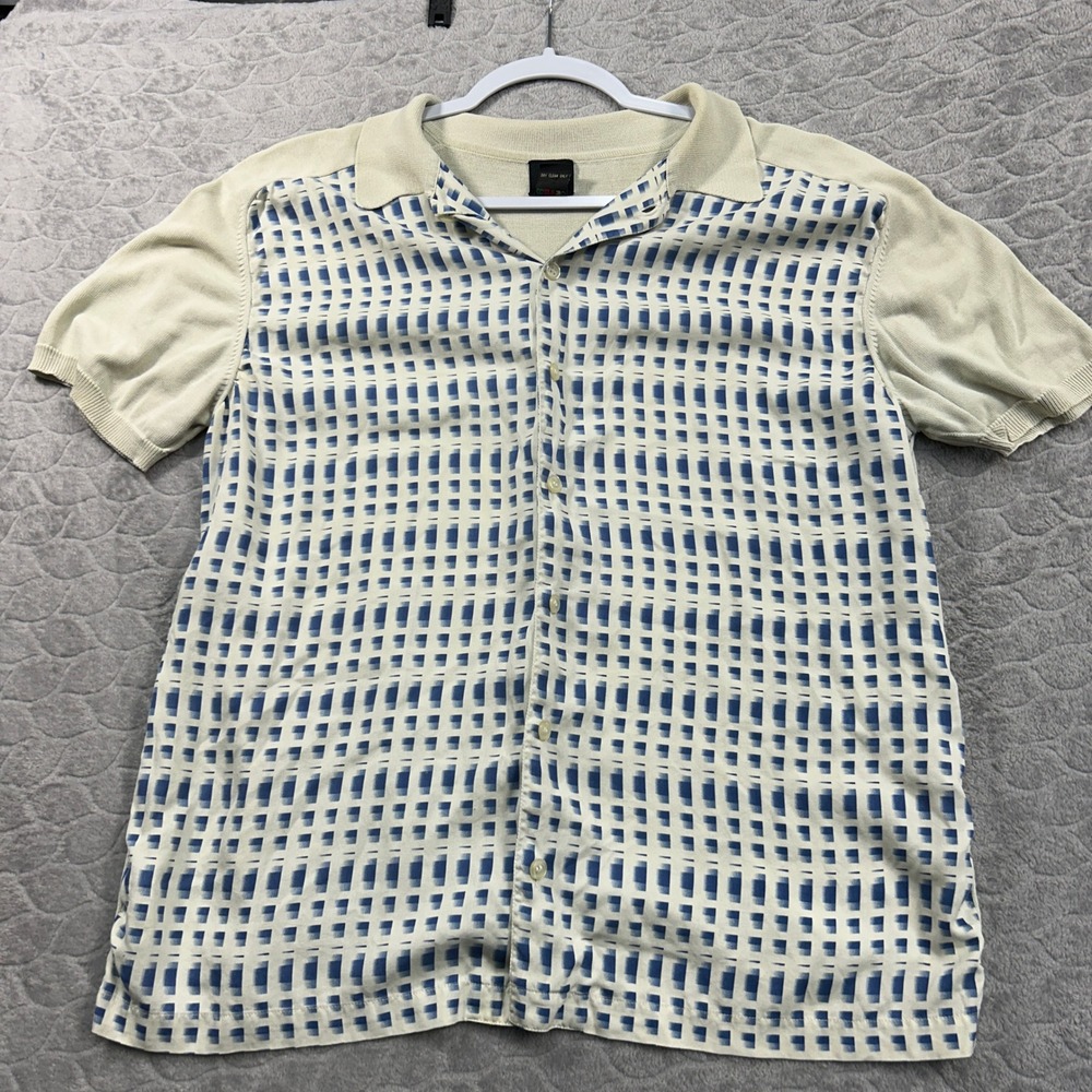 The Collection Men's L 100% Silk Shirt Cream Blue Geometric Retro Button Polo
